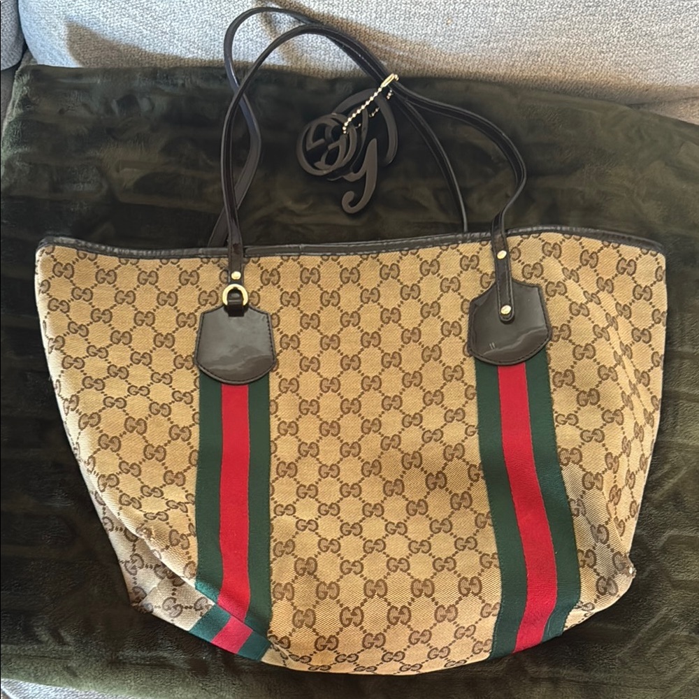 Gucci Brown and Red Tote with Signature GG Pattern